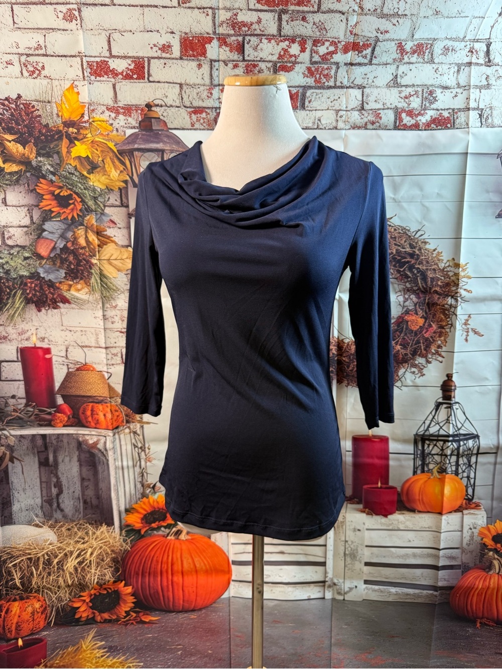 147-Vintage Suzie Navy Draped Cowl Neck 3/4 Sleeve Top